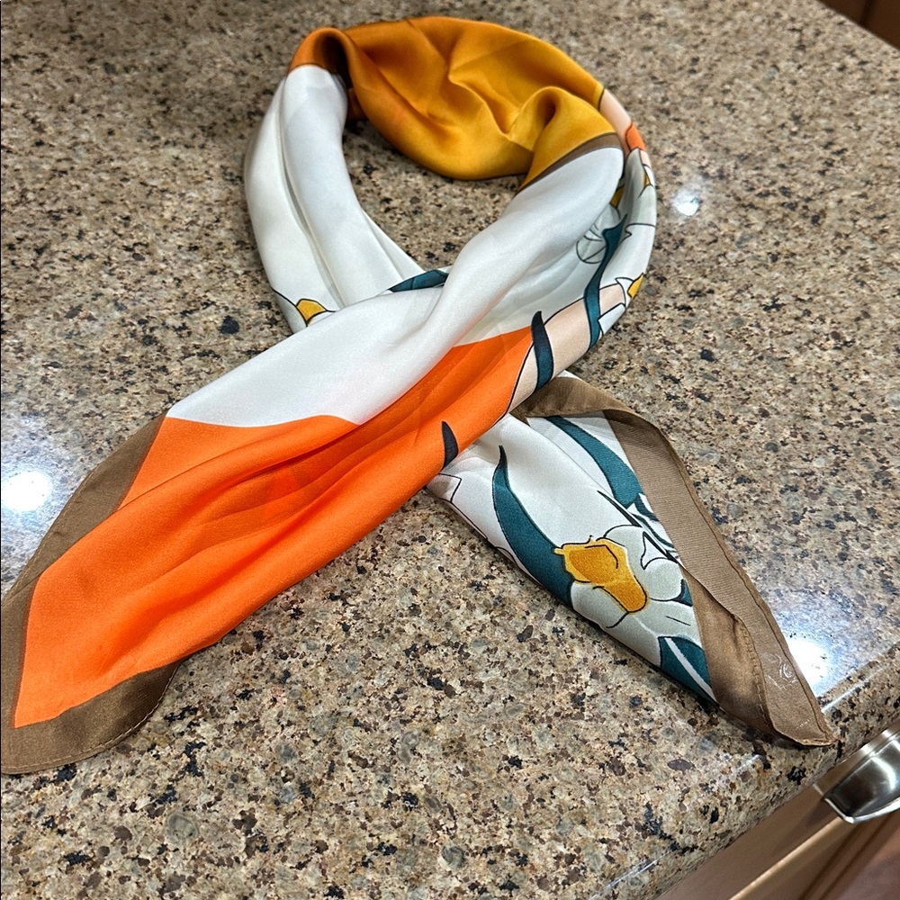 Silk look, designer look square neck, scarf